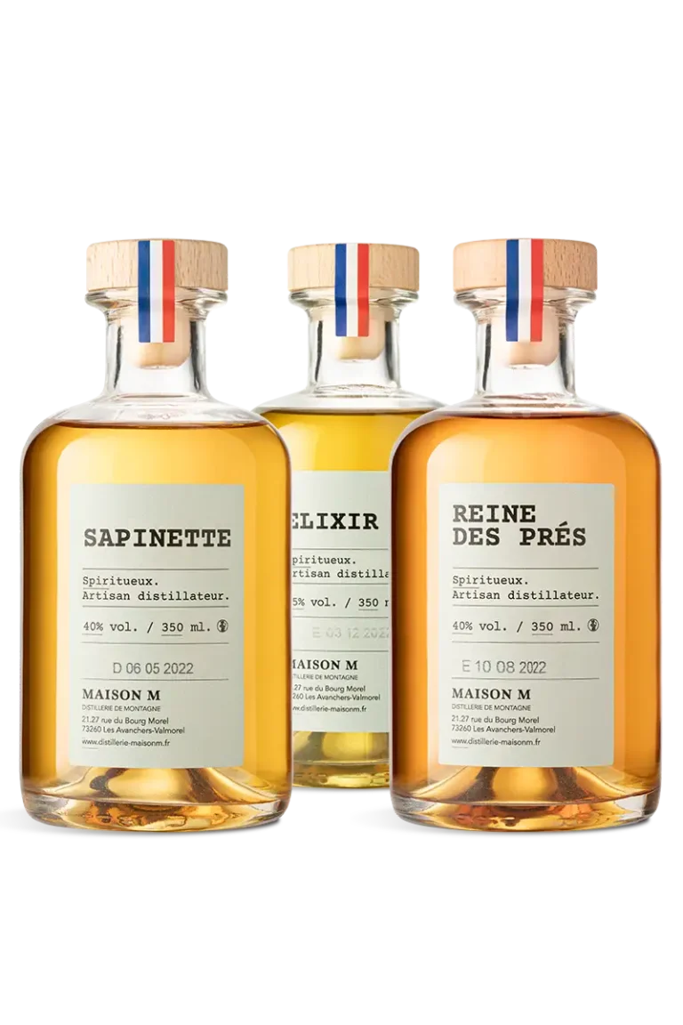 3 Flacons de digestifs à la Sapinette, Elixir 45 et Reine des Prés de la distillerie Maison M.