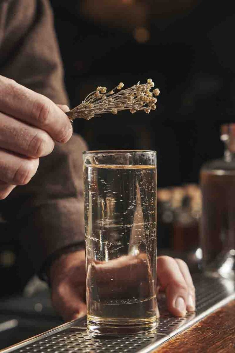 Photo d'un homme en train de poser une fleur sur un verre.