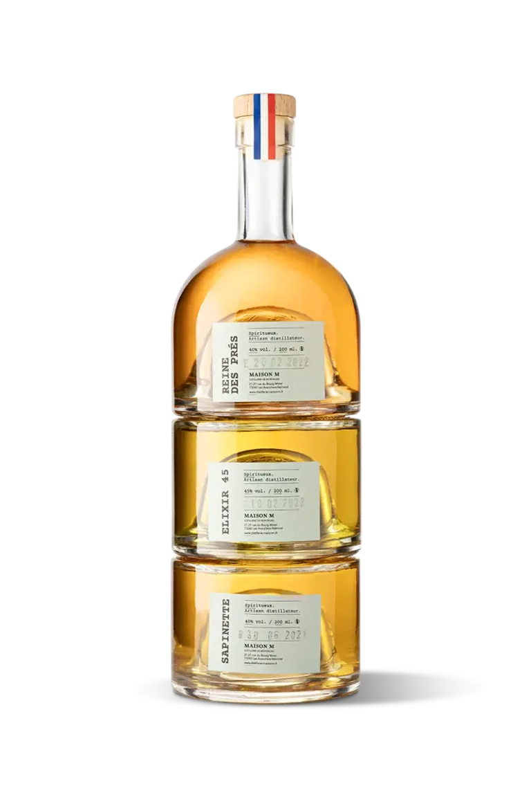 3 Flacons de digestifs à la Sapinette, Elixir 45 et Reine des Prés de la distillerie Maison M.