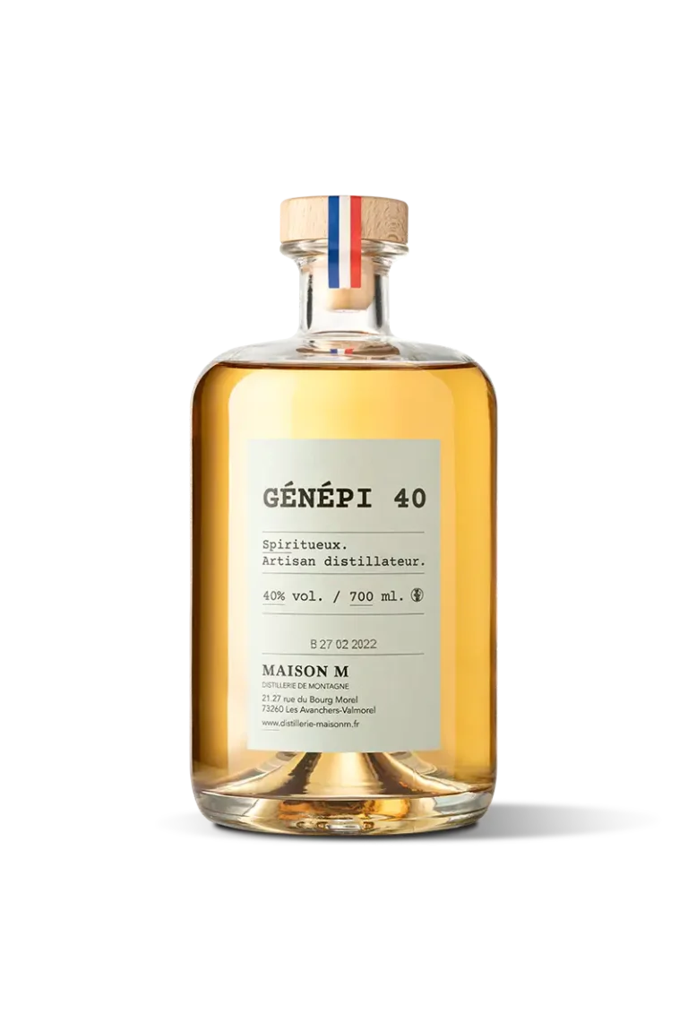 Flacon de digestif de montagne au Génépi 40 de la distillerie Maison M.