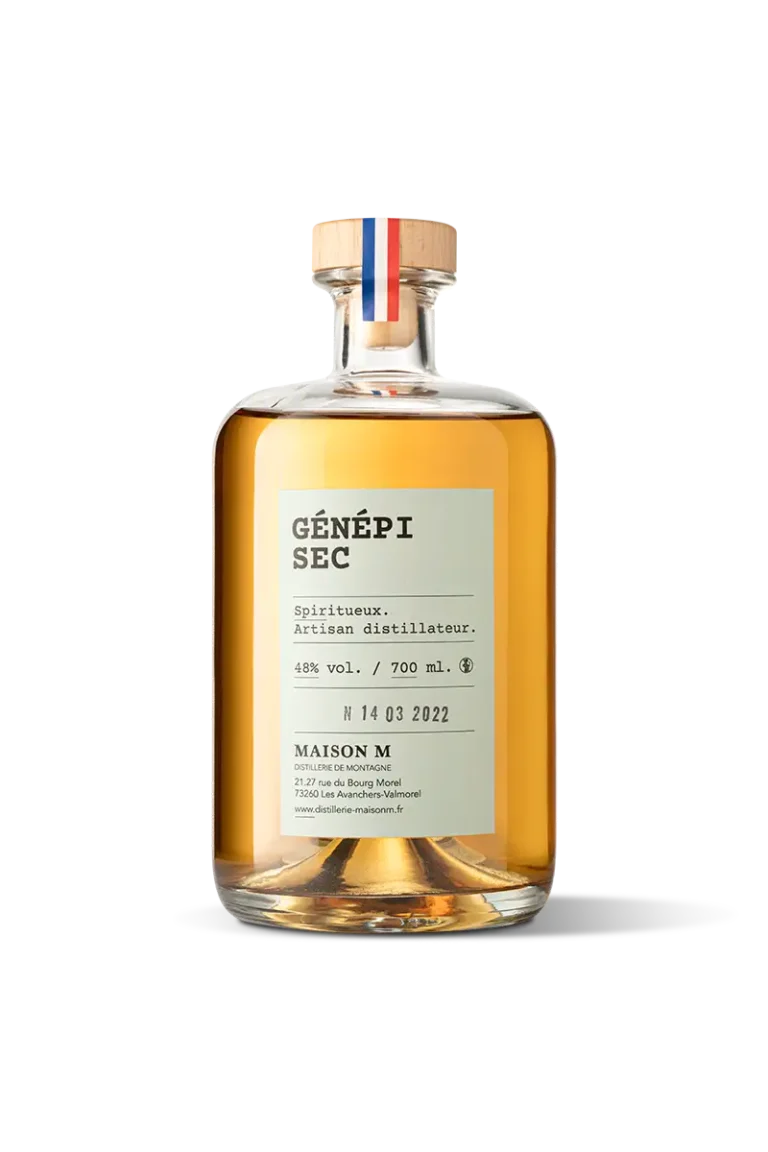 Flacon de digestif de montagne au Génépi Sec de la distillerie Maison M.