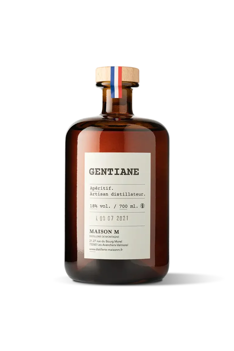 Flacon d'apéritif de montagne à la Gentiane de la distillerie Maison M.