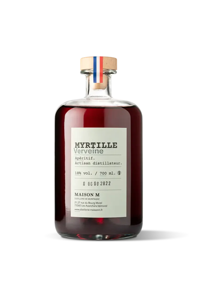 Flacon d'apéritif de montagne à la Myrtille Verveine de la distillerie Maison M.