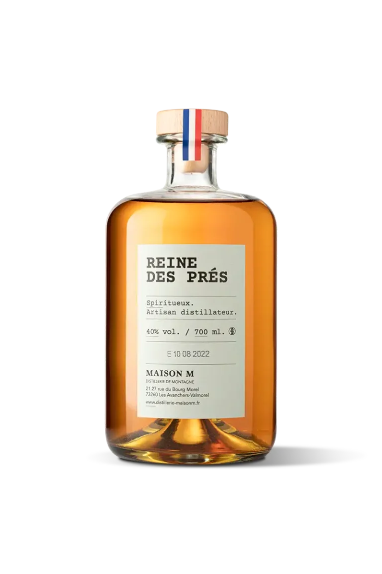 Flacon de digestif de montagne à la Reine des Prés de la distillerie Maison M.